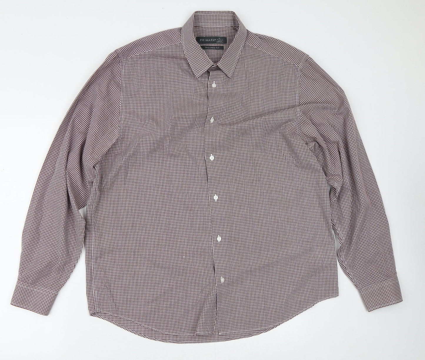 Primark Mens White Check Polyester  Button-Up Size XL Collared