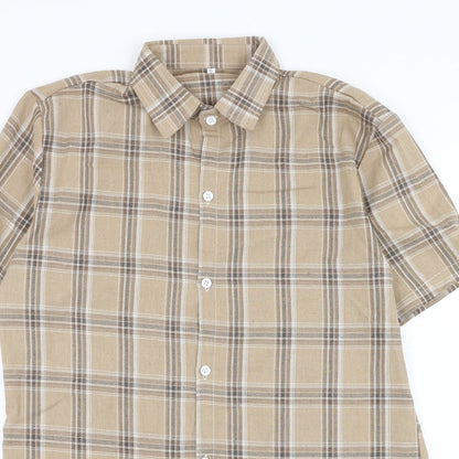SheIn Mens Brown Check Polyester  Button-Up Size S Collared Button