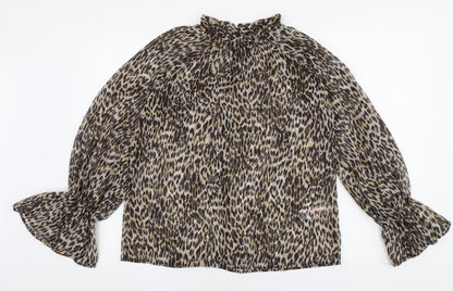 Primark Womens Brown Animal Print Polyester Basic Blouse Size 6 High Neck