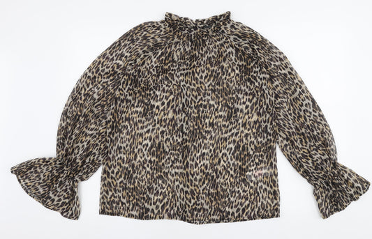 Primark Womens Brown Animal Print Polyester Basic Blouse Size 6 High Neck