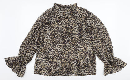 Primark Womens Brown Animal Print Polyester Basic Blouse Size 6 High Neck