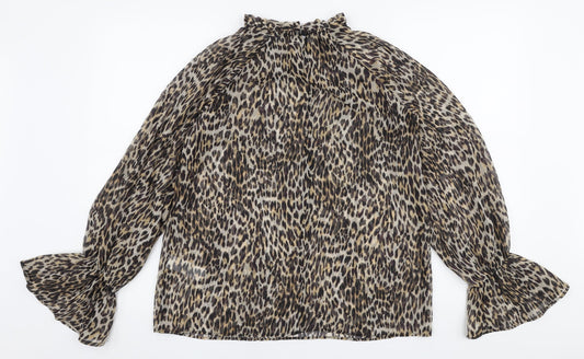 Primark Womens Brown Animal Print Polyester Basic Blouse Size 6 High Neck