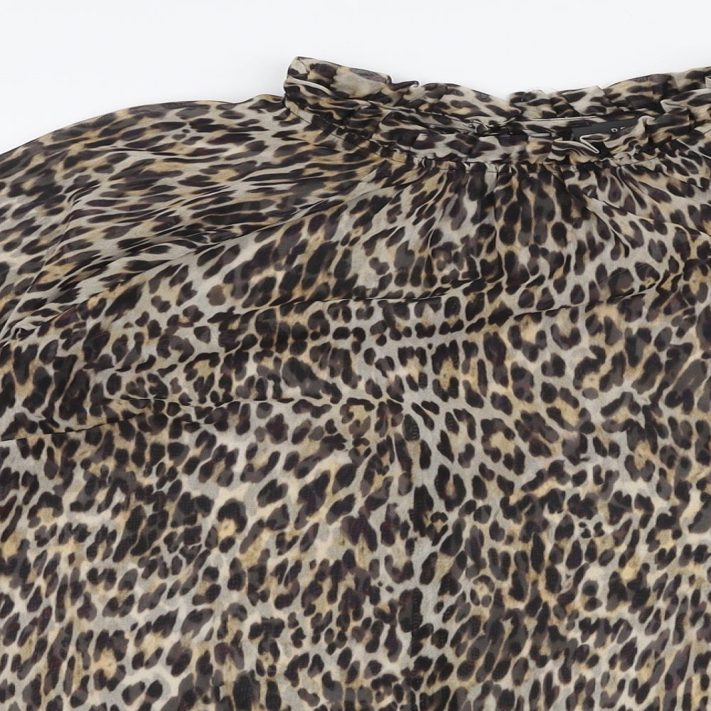 Primark Womens Brown Animal Print Polyester Basic Blouse Size 6 High Neck