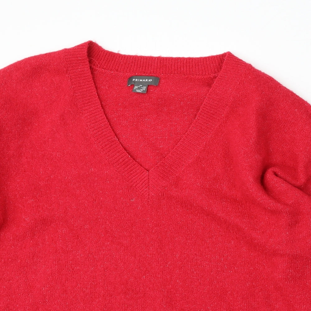 Primark Womens Red V-Neck  Acrylic Pullover Jumper Size XS