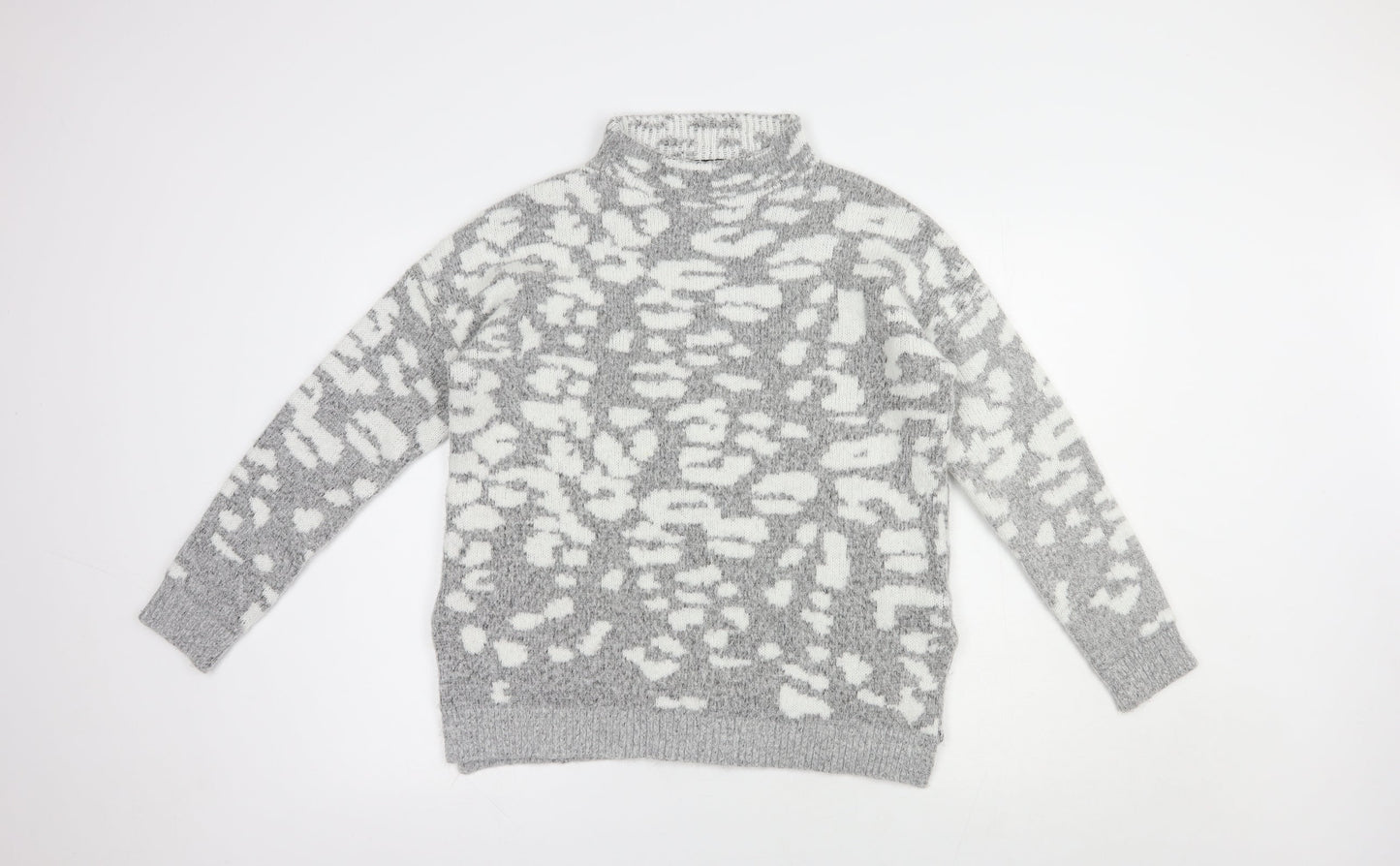 F&F Womens Grey Mock Neck Animal Print Acrylic Pullover Jumper Size 12