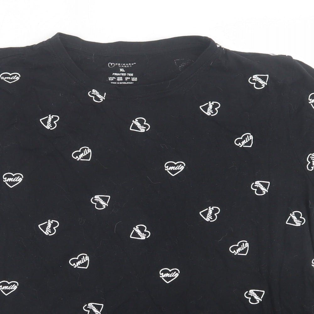 Primark Womens Black Geometric Cotton Basic T-Shirt Size XL Crew Neck