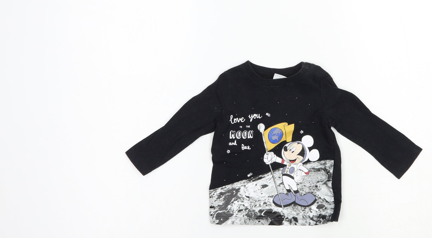 F&F Baby Black  Cotton Pullover T-Shirt Size 6-9 Months Crew Neck Snap - Mickey Mouse