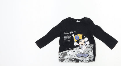 F&F Baby Black  Cotton Pullover T-Shirt Size 6-9 Months Crew Neck Snap - Mickey Mouse