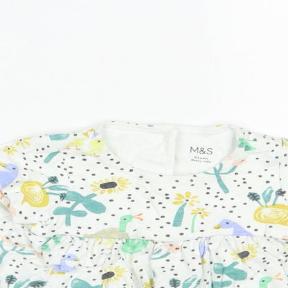 Marks and Spencer Baby White Geometric Cotton Basic T-Shirt Size 0-3 Months Crew Neck Button