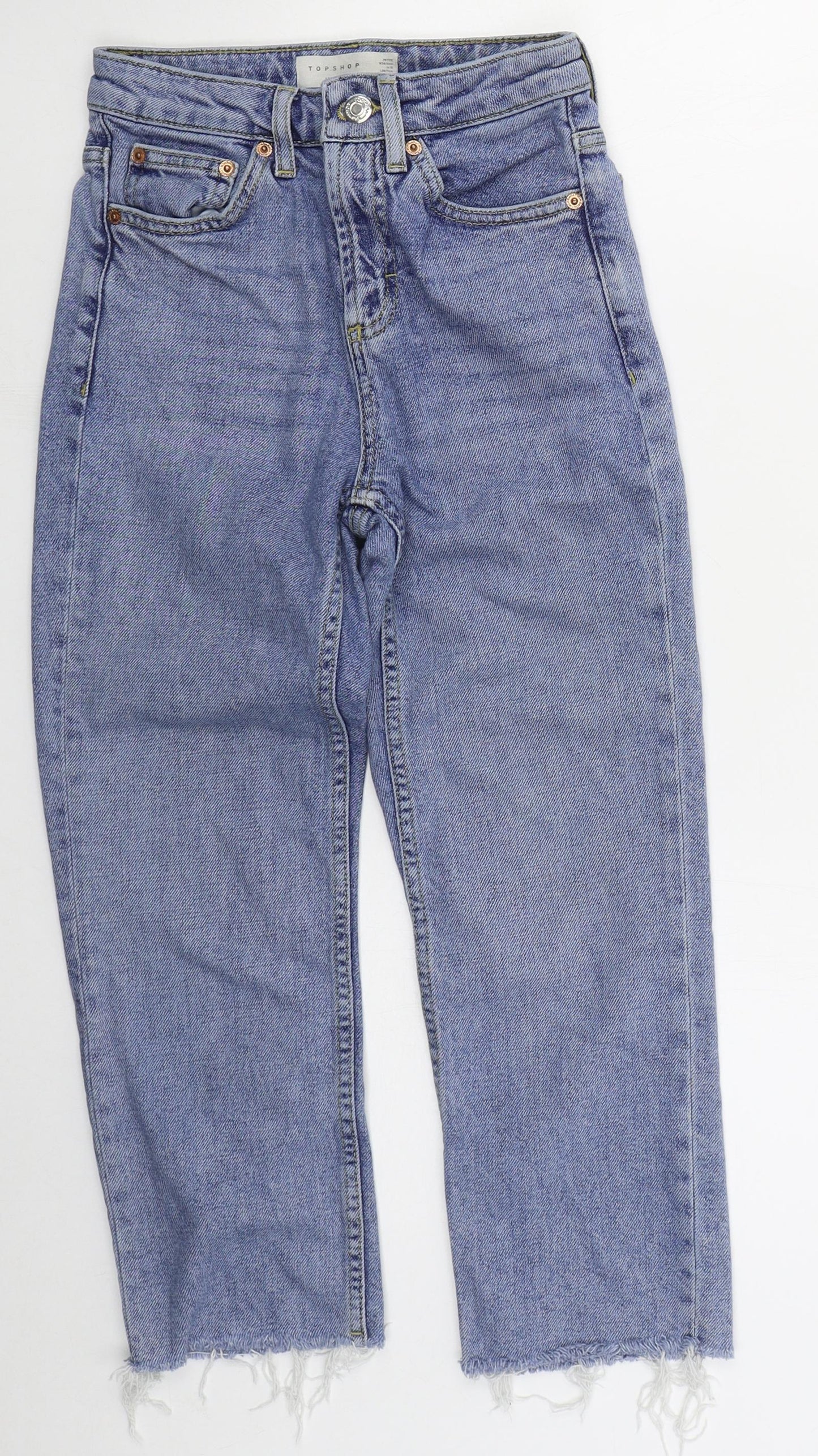 Topshop Womens Blue  Cotton Straight Jeans Size 24 in L21 in Regular Button - Distressed Hem