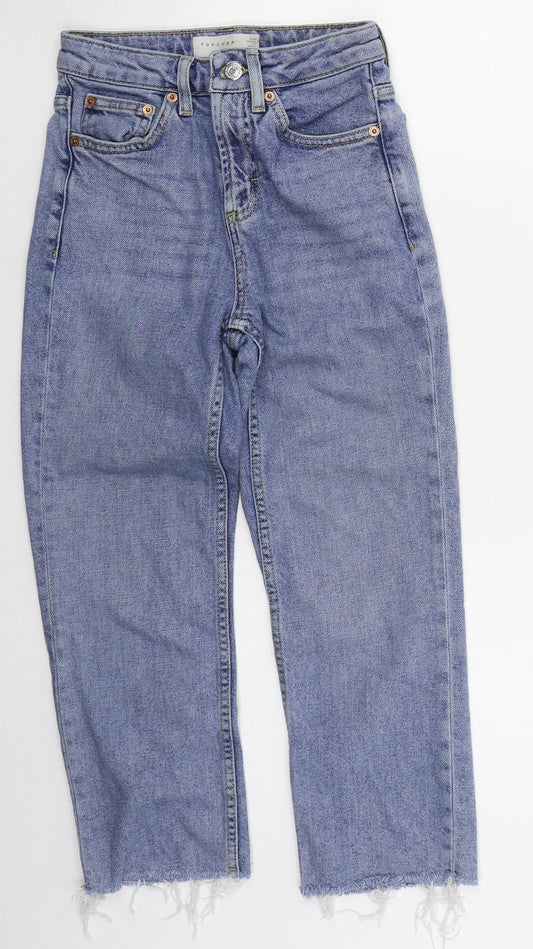 Topshop Womens Blue  Cotton Straight Jeans Size 24 in L21 in Regular Button - Distressed Hem