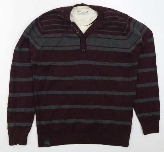 NEXT Mens Red V-Neck Striped Cotton Pullover Jumper Size M   - Burgundy