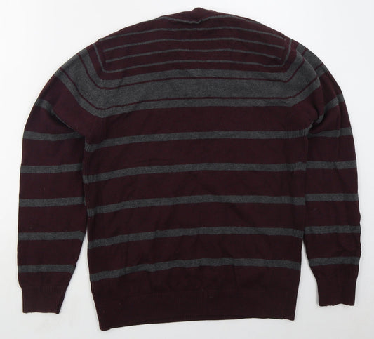 NEXT Mens Red V-Neck Striped Cotton Pullover Jumper Size M   - Burgundy