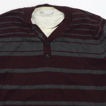 NEXT Mens Red V-Neck Striped Cotton Pullover Jumper Size M   - Burgundy