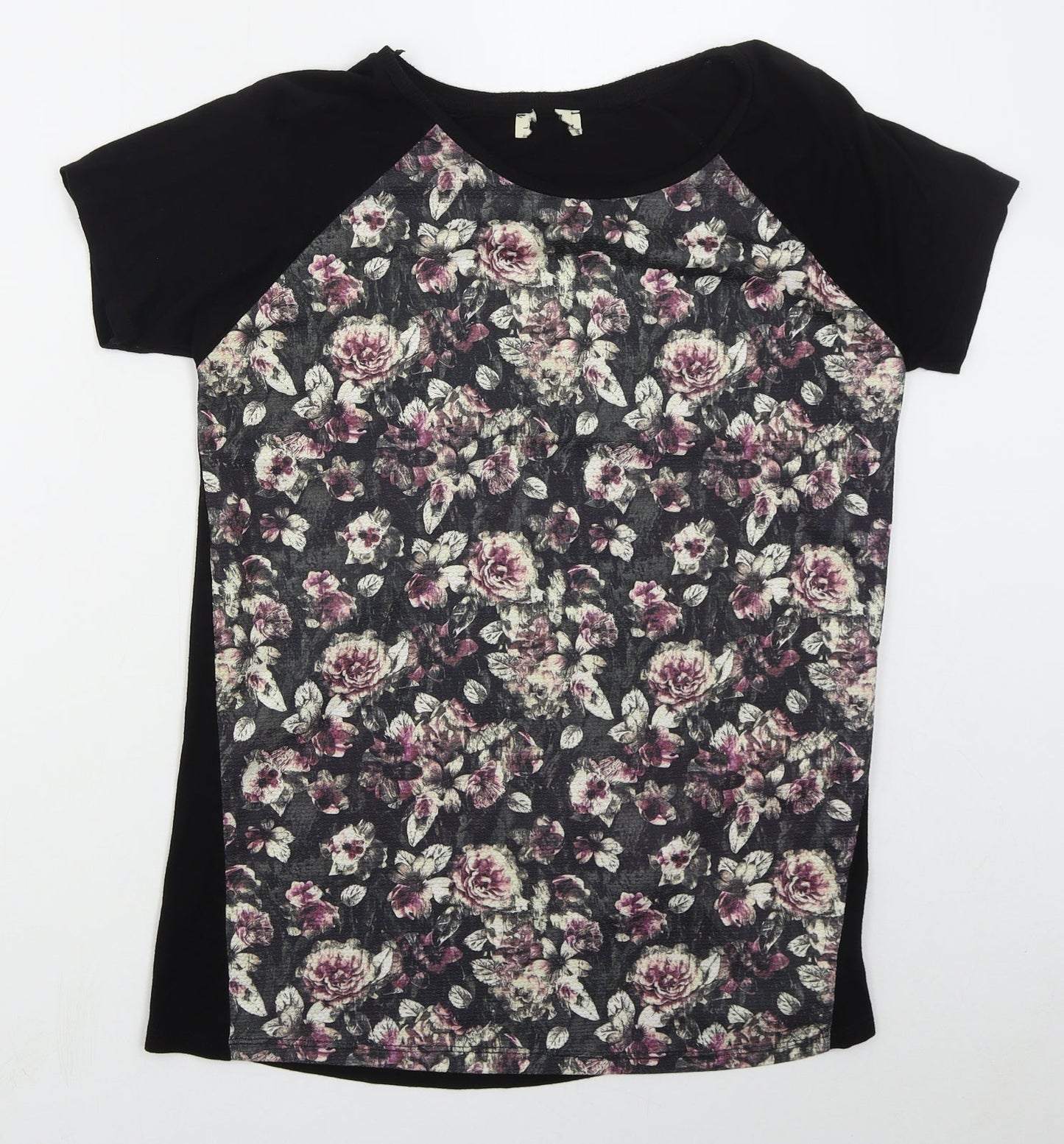 Matalan Womens Black Floral Polyester Basic T-Shirt Size 10 Round Neck