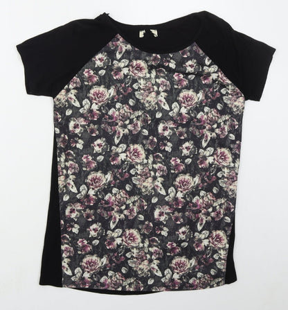 Matalan Womens Black Floral Polyester Basic T-Shirt Size 10 Round Neck