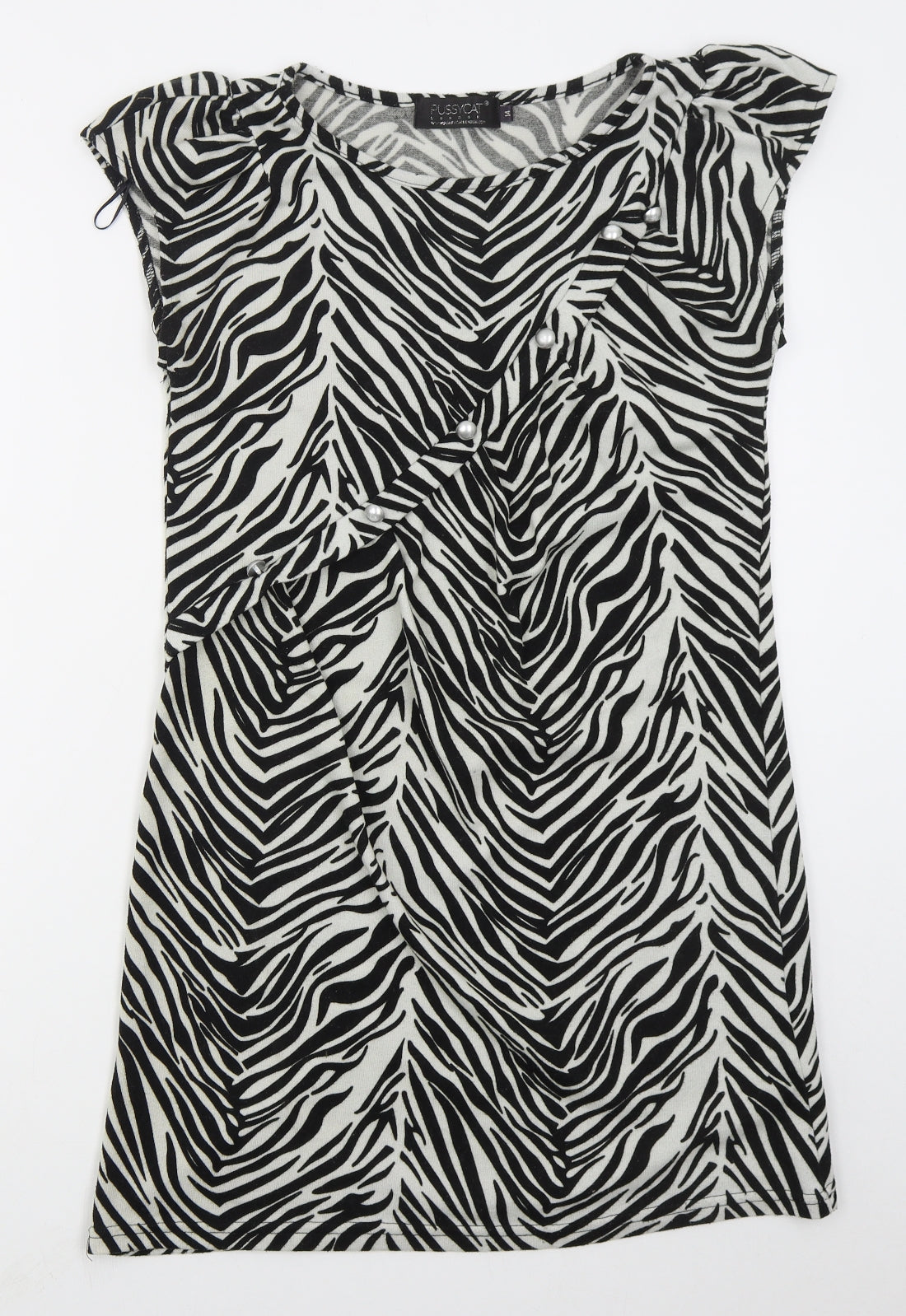 Pussycat Womens Black Animal Print Polyester Mini  Size 14  Round Neck Pullover - Zebra Print