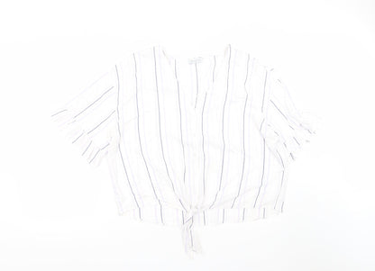 Matalan Womens White Striped Viscose Cropped Button-Up Size 18 V-Neck