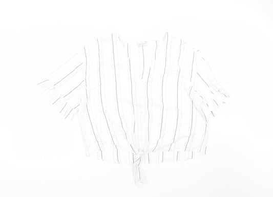 Matalan Womens White Striped Viscose Cropped Button-Up Size 18 V-Neck