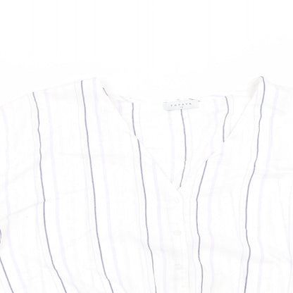 Matalan Womens White Striped Viscose Cropped Button-Up Size 18 V-Neck