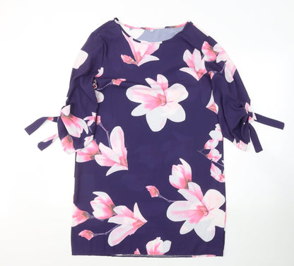 Preworn Womens Purple Floral Polyester A-Line  Size L  Round Neck Pullover