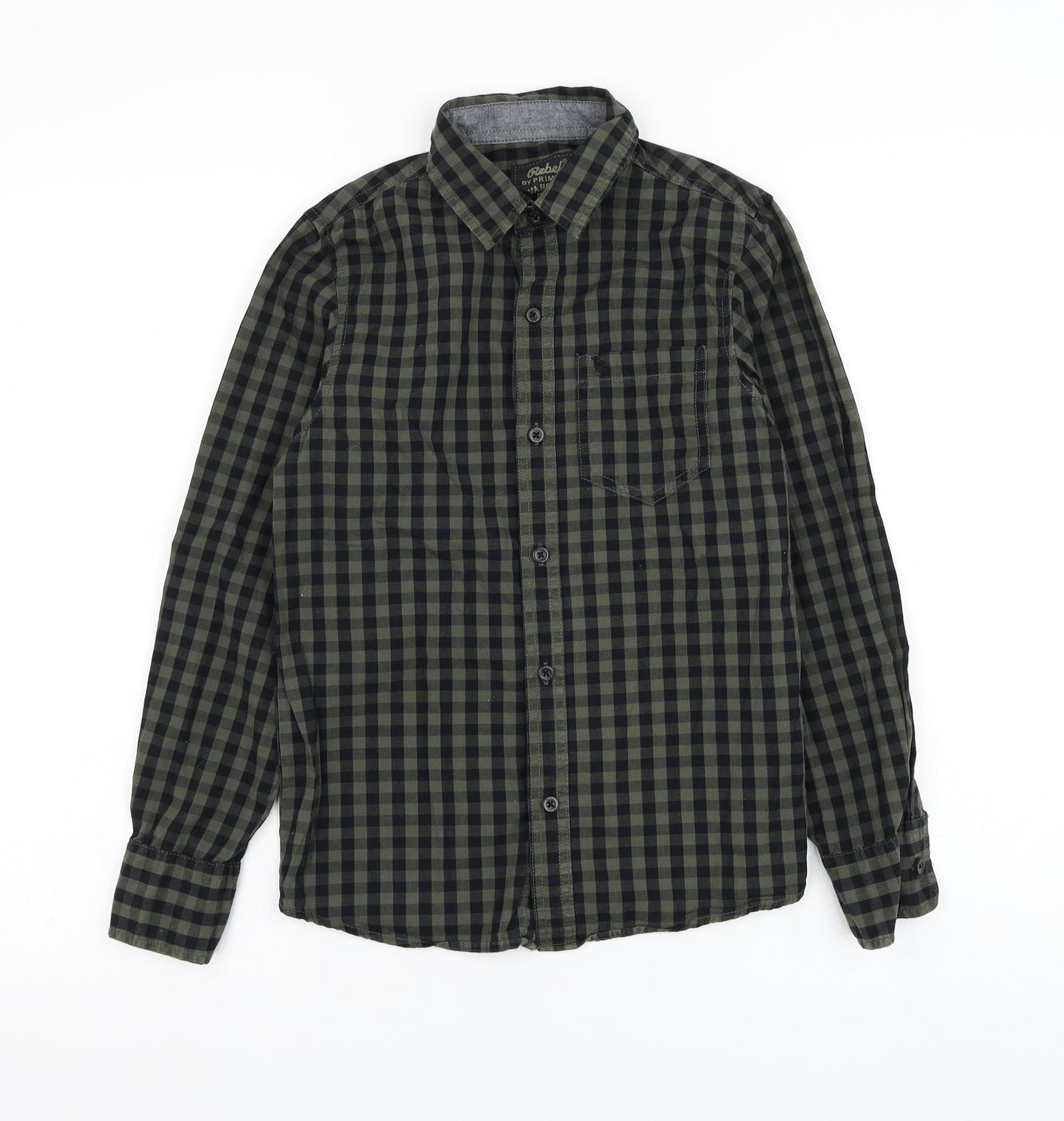 Primark Girls Green Check Cotton Basic Button-Up Size 11-12 Years Collared Button