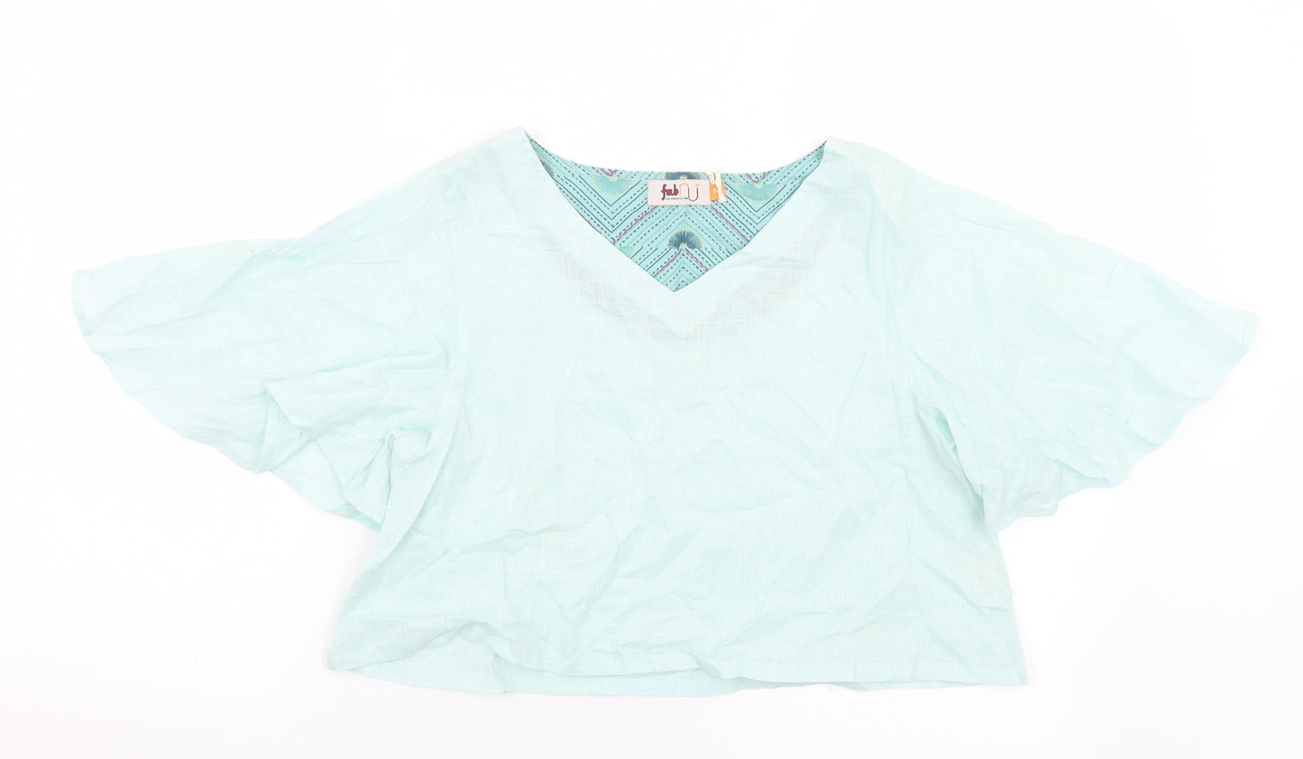 Fab Womens Green  Cotton Cropped Blouse Size M V-Neck