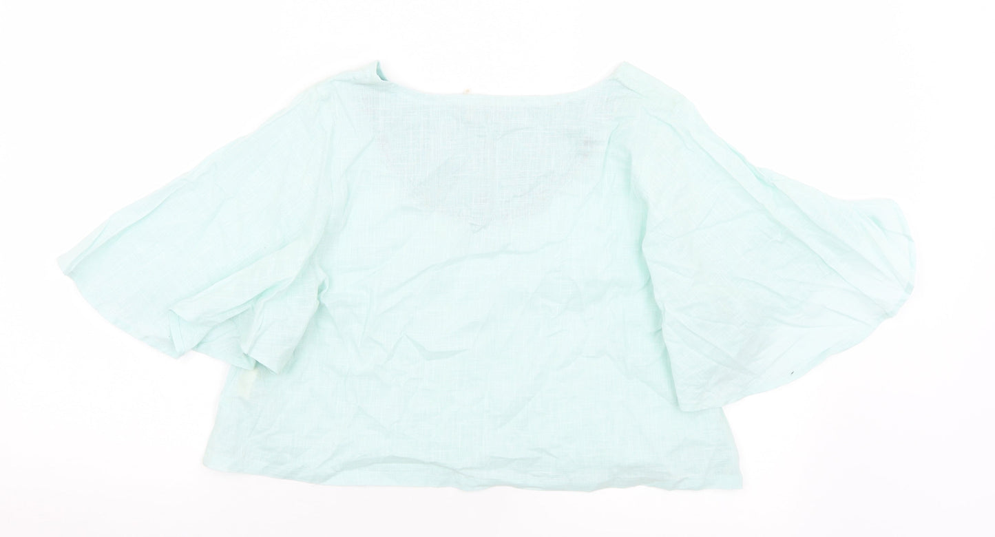 Fab Womens Green  Cotton Cropped Blouse Size M V-Neck