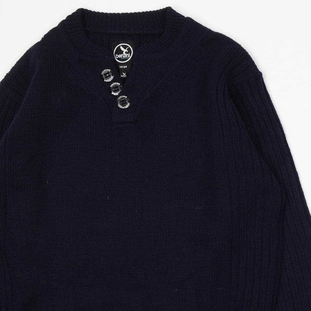 Benzini Mens Blue V-Neck  Acrylic Pullover Jumper Size L