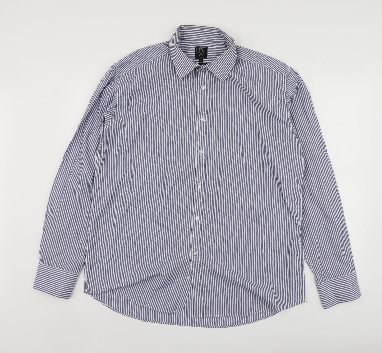 Taylor & Wright Mens Blue Striped Polyester  Button-Up Size 16 Collared