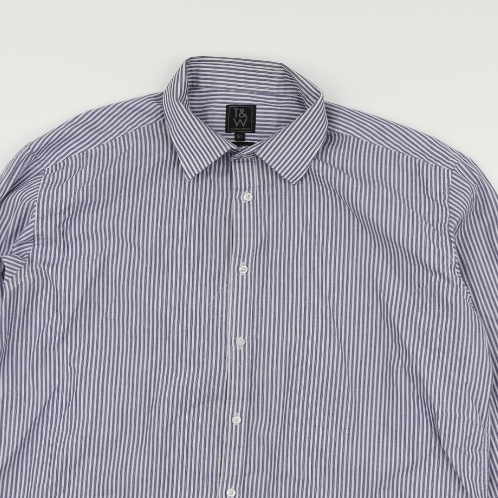 Taylor & Wright Mens Blue Striped Polyester  Button-Up Size 16 Collared