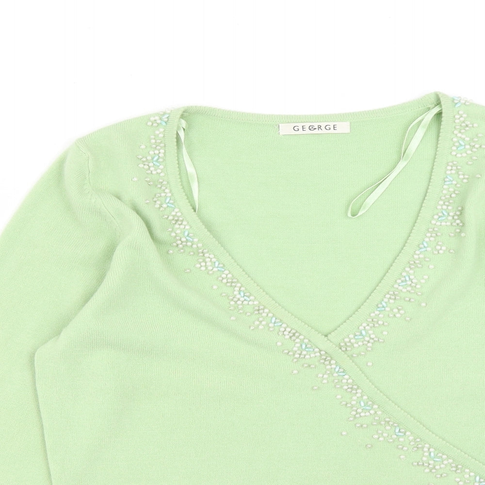 George Womens Green V-Neck  Acrylic Pullover Jumper Size 14