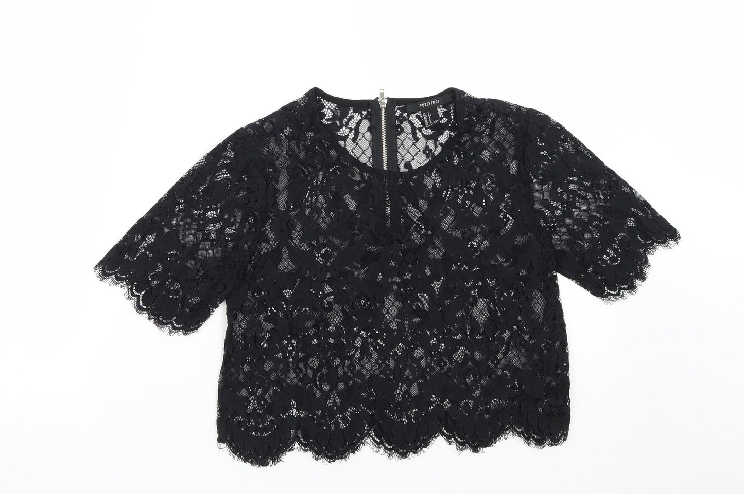 FOREVER 21 Womens Black  Polyester Cropped Blouse Size S Round Neck