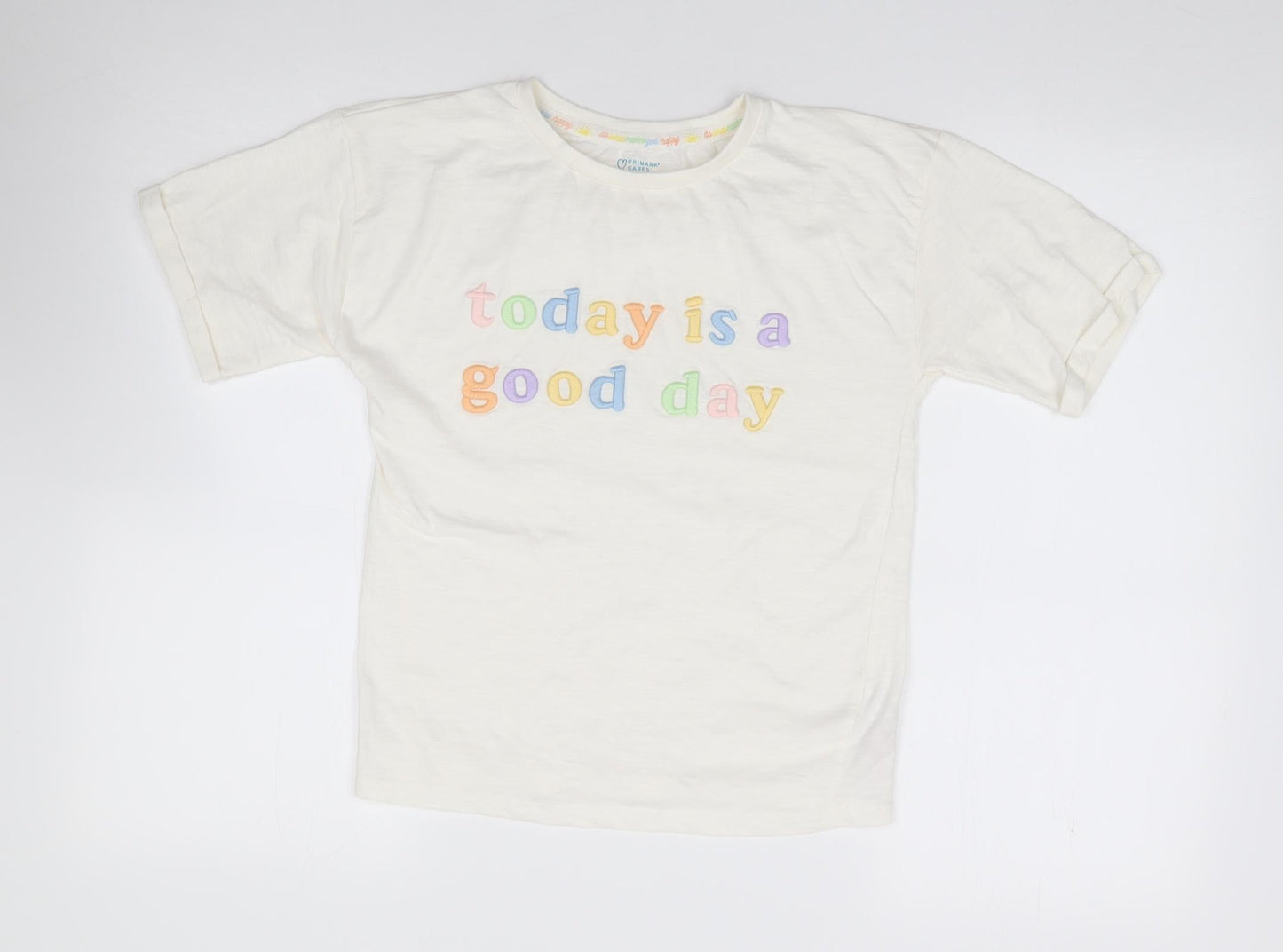 Primark Girls Ivory  Cotton Jersey T-Shirt Size 8-9 Years Crew Neck Pullover