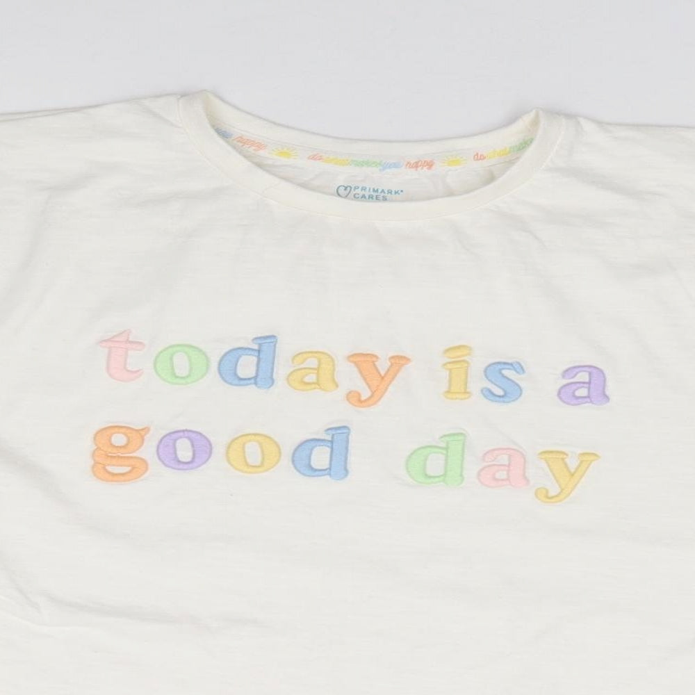 Primark Girls Ivory  Cotton Jersey T-Shirt Size 8-9 Years Crew Neck Pullover