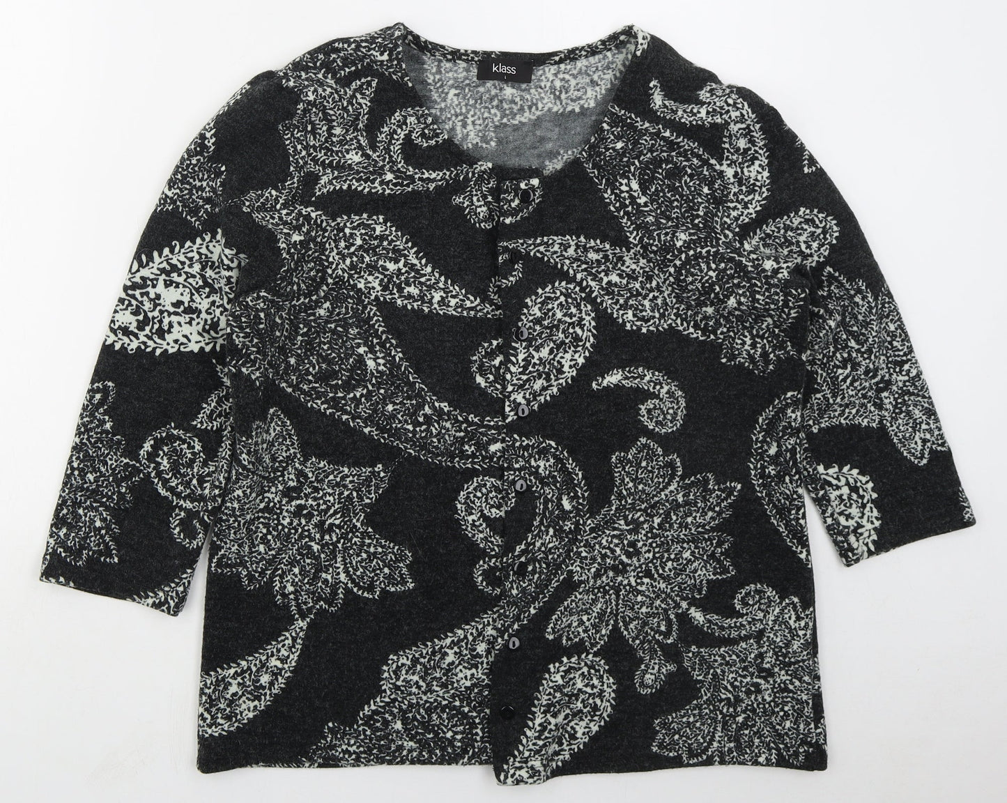 Flass Womens Grey Round Neck Paisley Acrylic Cardigan Jumper Size L