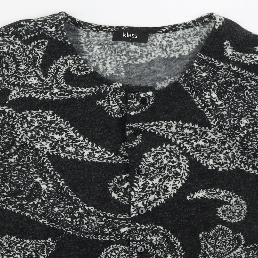 Flass Womens Grey Round Neck Paisley Acrylic Cardigan Jumper Size L