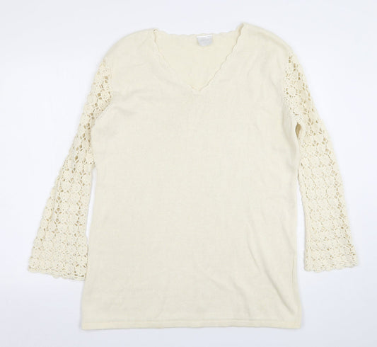 Agenda Womens Beige Round Neck  Ramie Pullover Jumper Size 16