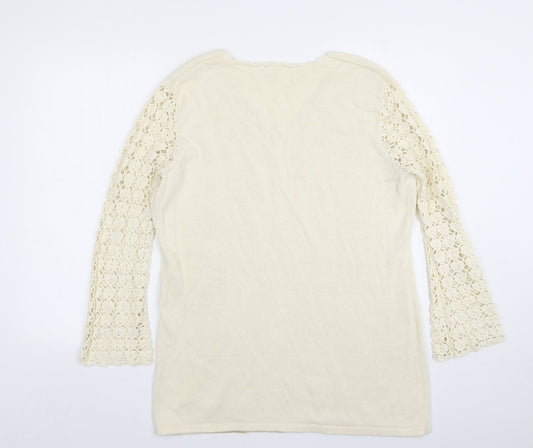 Agenda Womens Beige Round Neck  Ramie Pullover Jumper Size 16