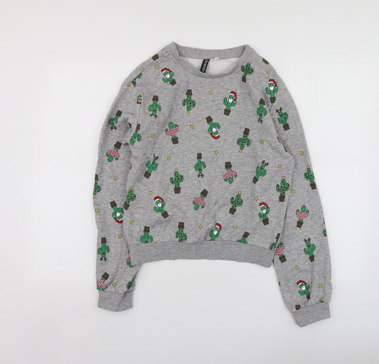 H&M Womens Grey Geometric Cotton Pullover Sweatshirt Size XS