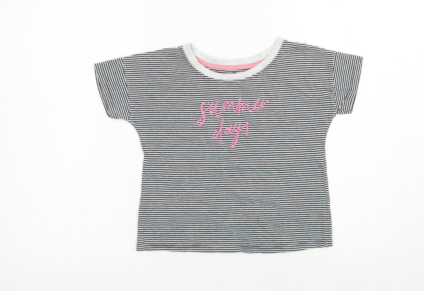 TU Girls Black Striped Cotton Basic T-Shirt Size 9 Years Boat Neck Pullover - Summer Days