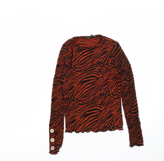 Primark Womens Brown Animal Print Viscose Basic T-Shirt Size XS Round Neck