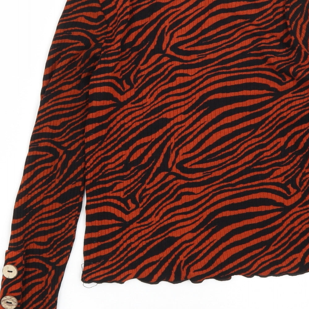 Primark Womens Brown Animal Print Viscose Basic T-Shirt Size XS Round Neck