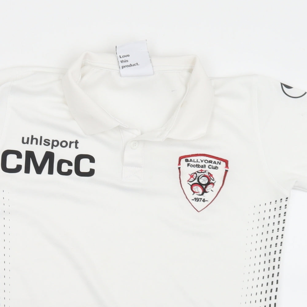 Uhlsport Boys White  Polyester Basic Polo Size 10-11 Years Collared  - Ballyoran Football Club