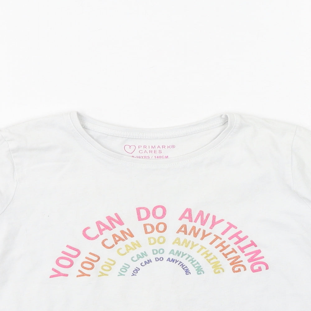 Close-up detail of Primark girls’ multicoloured cotton basic casual, size 9-10, years round neck