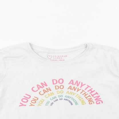 Close-up detail of Primark girls’ multicoloured cotton basic casual, size 9-10, years round neck
