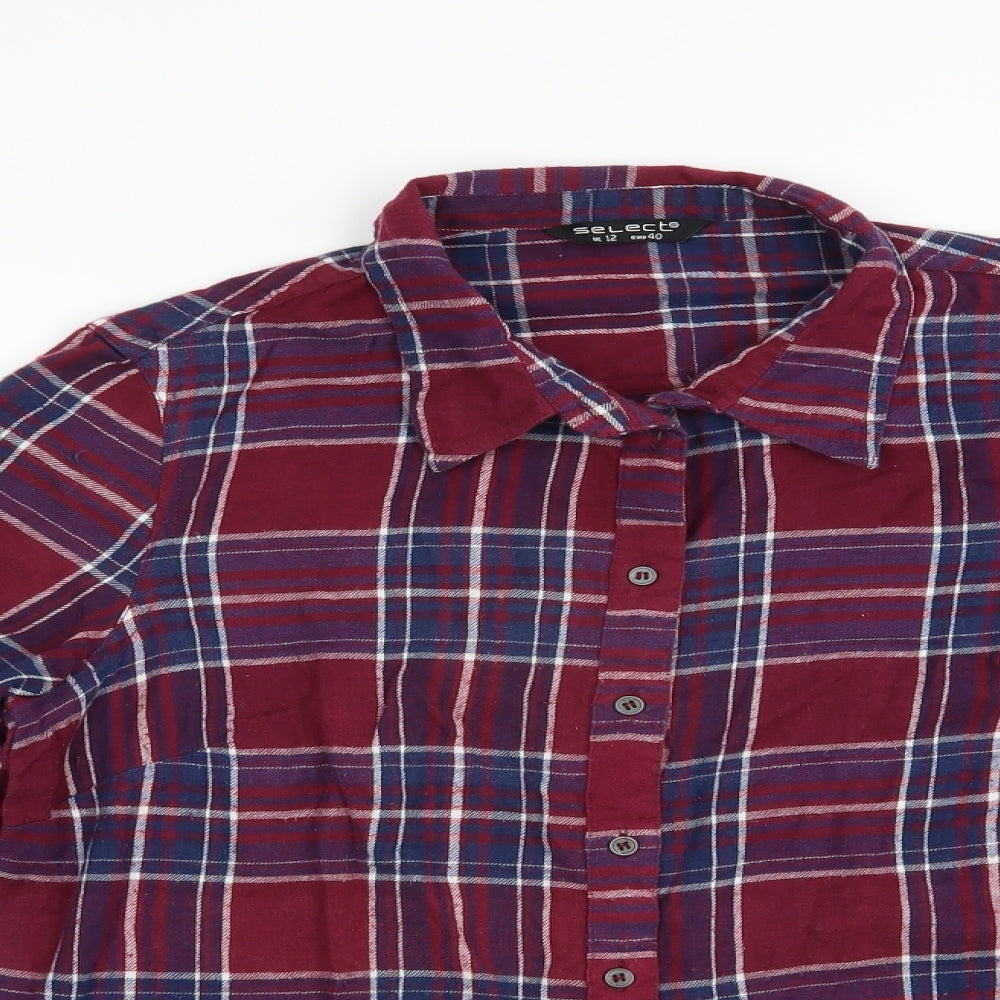 Select Womens Red Plaid Cotton Basic Button-Up Size 12 Collared