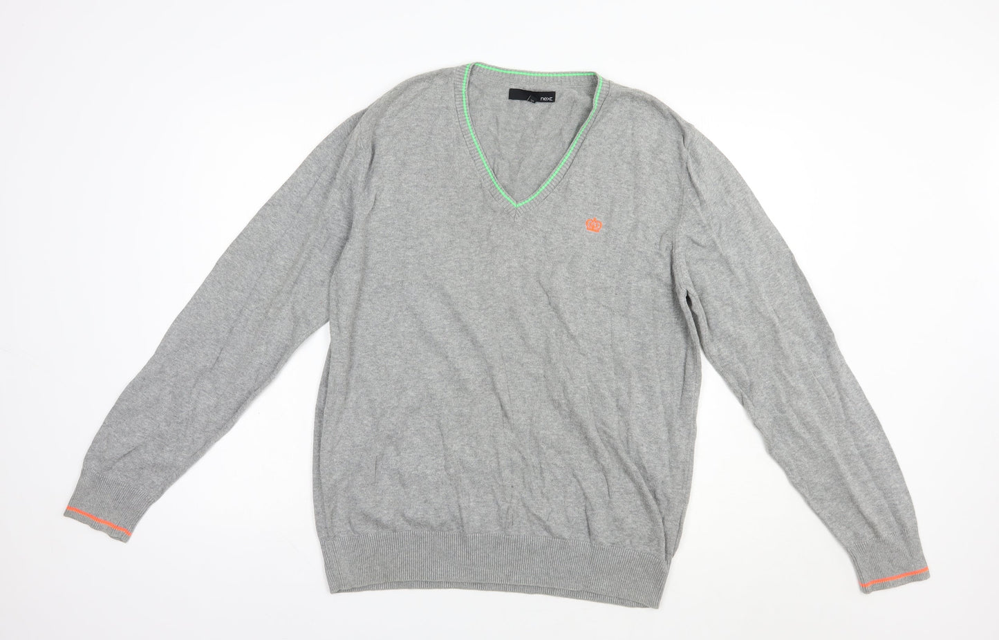 NEXT Mens Grey V-Neck  Cotton Pullover Jumper Size L