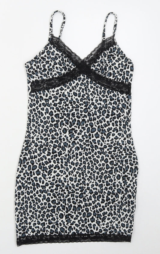 SheIn Womens White Animal Print Polyester Mini  Size M  V-Neck Pullover