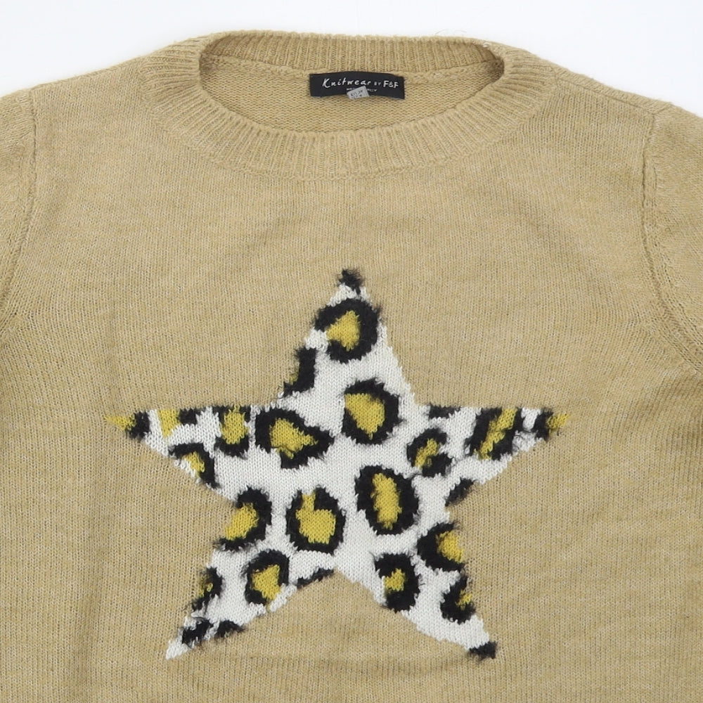 F&F Womens Brown Crew Neck  Acrylic Pullover Jumper Size 8   - Star